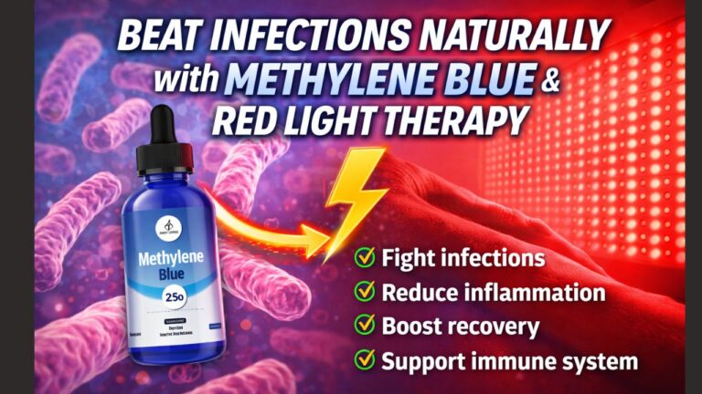 Methylene Blue bottle and red light therapy device for natural infection treatment.