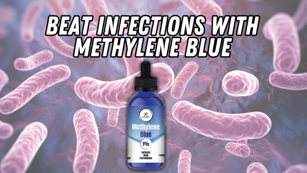 Methylene Blue bottle and red light therapy device for natural infection treatment.