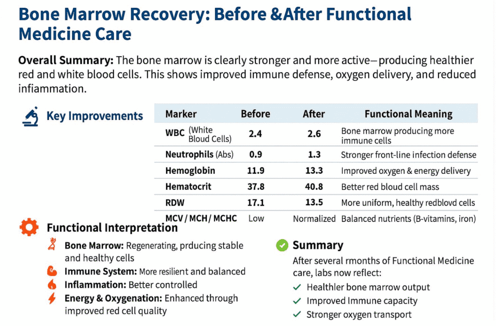 Comparison table showing improved bone marrow function with before and after blood test results for WBC, neutrophils, hemoglobin, hematocrit, and RDW.
