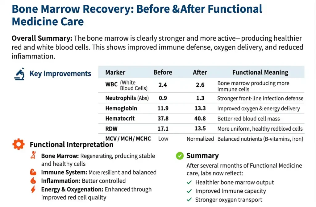 Comparison table showing improved bone marrow function with before and after blood test results for WBC, neutrophils, hemoglobin, hematocrit, and RDW.