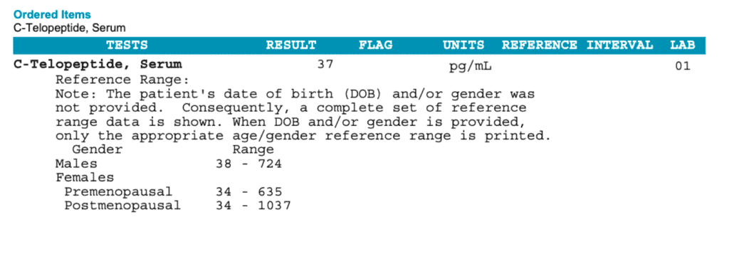 Lab test result for C-Telopeptide serum showing a level of 37 pg/mL with gender-specific reference ranges for bone resorption.
