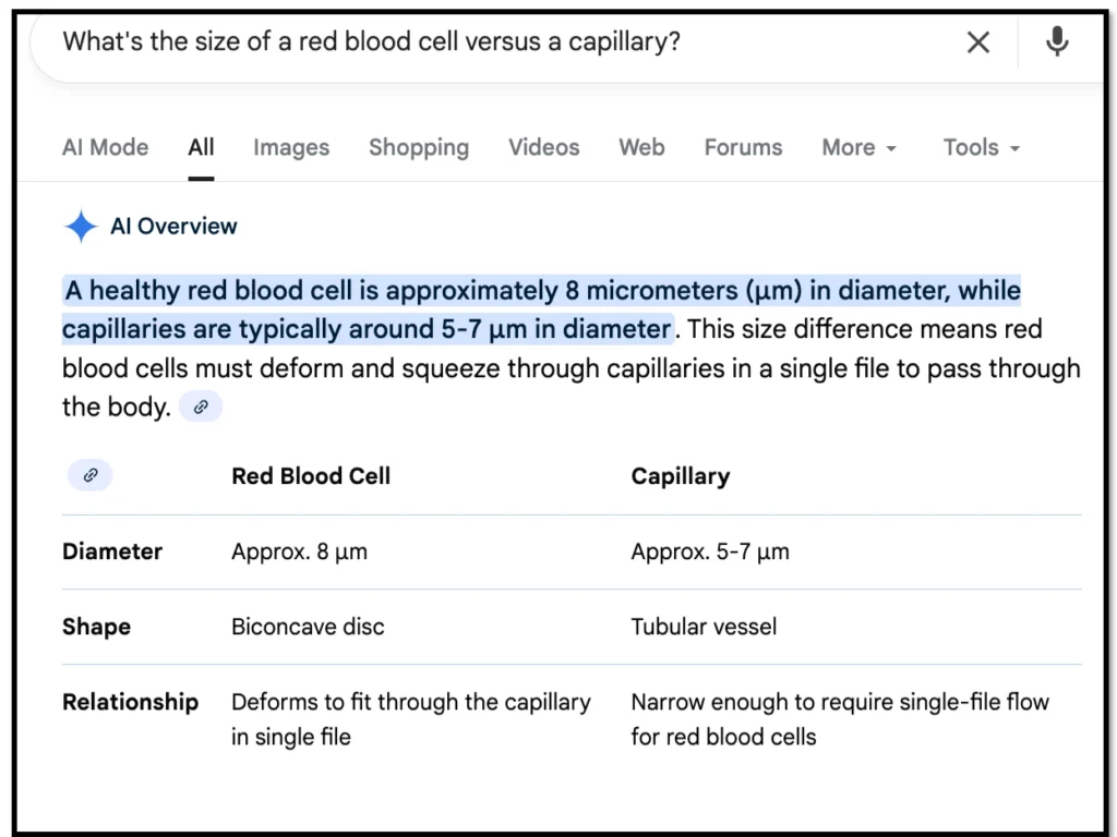 Size comparison table showing red blood cells at 8 μm must deform to pass through 5-7 μm capillaries in single file.