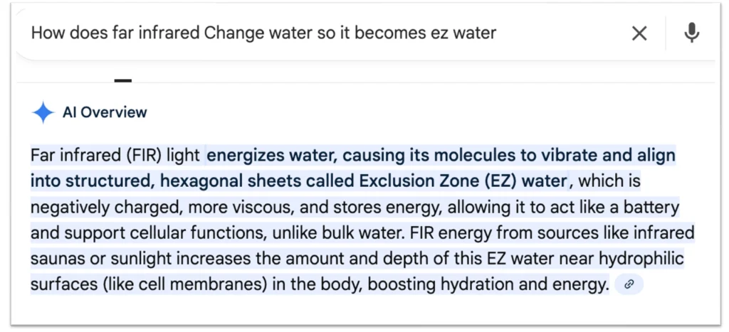 AI explanation of how far infrared light transforms regular water into structured EZ water with unique properties.