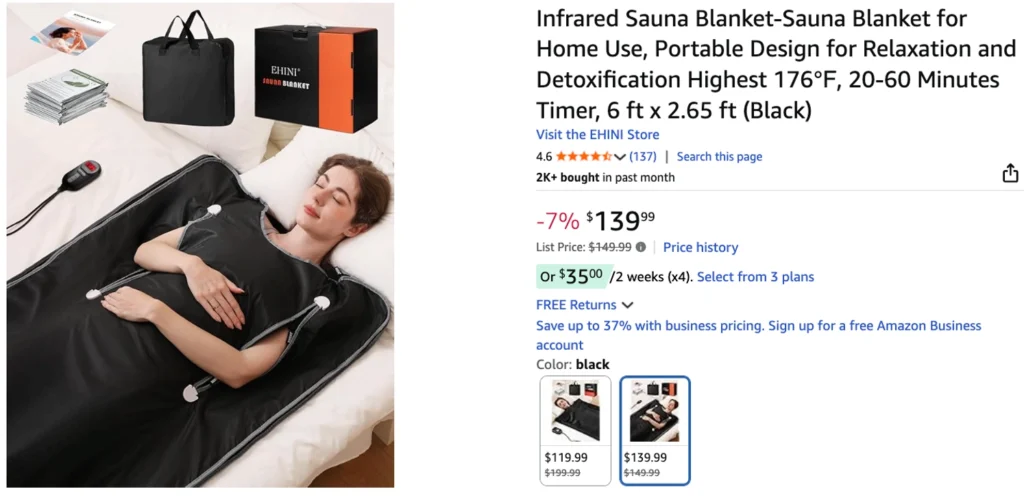 Amazon product listing for a portable infrared sauna blanket measuring 6 ft x 2.65 ft with temperature control and timer.