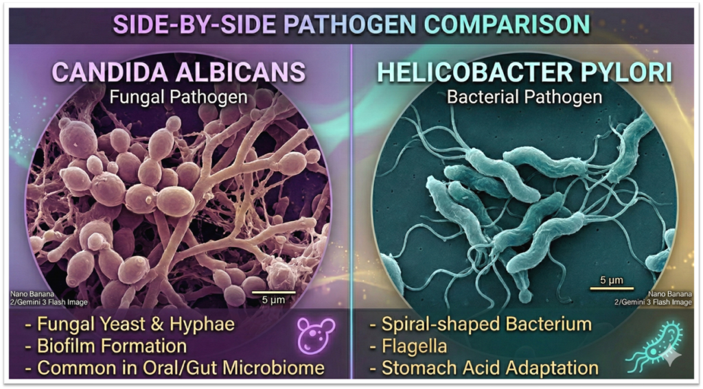 Side-by-side comparison chart showing Candida albicans fungal pathogen with hyphae and H. pylori spiral-shaped bacterium with flagella.