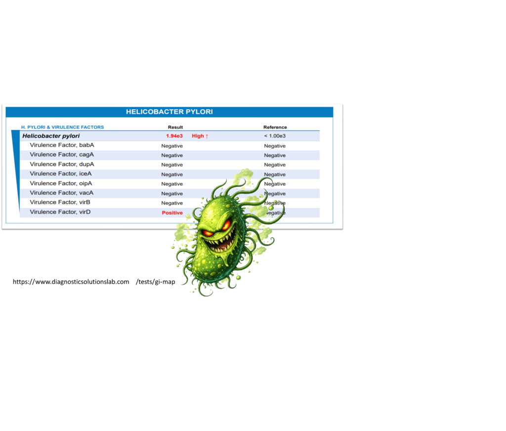Laboratory test results showing elevated H. pylori levels at 1.94e3 with positive virD virulence factor and negative for other virulence markers.