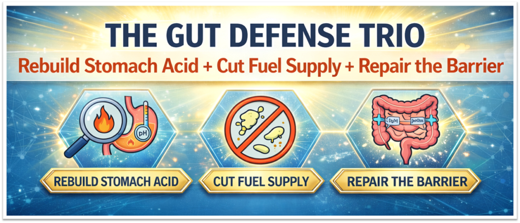 Three-part gut health strategy showing rebuild stomach acid, cut pathogen fuel supply, and repair intestinal barrier for comprehensive digestive healing.