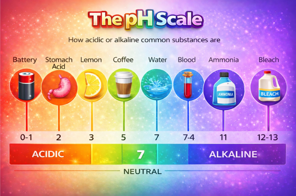 pH scale diagram showing the acidity and alkalinity levels of common substances including battery acid (0-1), stomach acid, lemon, coffee, water (7), blood, ammonia, and bleach (12-13).