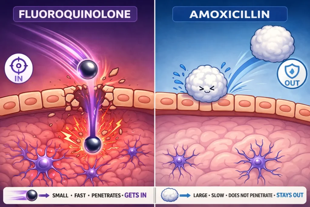 Comparison graphic showing fluoroquinolones as small, fast, brain-penetrating antibiotics versus amoxicillin as large, slow, and unable to penetrate the brain.