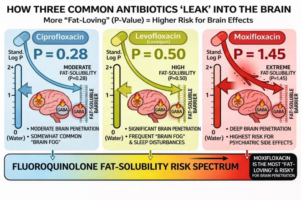 Comparison chart showing brain penetration risks of three fluoroquinolone antibiotics: Ciprofloxacin (Log P 0.28, moderate), Levofloxacin (Log P 0.50, significant), and Moxifloxacin (Log P 1.45, highest risk for psychiatric effects).