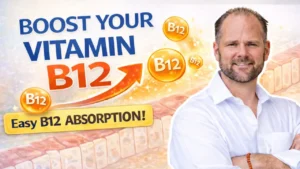 Dr. Hugh Wegwerth standing beside a graphic about easy vitamin B12 absorption and intrinsic factor.