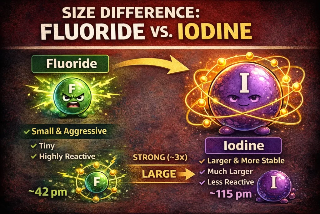 Atomic size comparison diagram showing fluoride (F) at approximately 42 picometers as small and aggressive versus iodine (I) at approximately 115 picometers as large and stable.