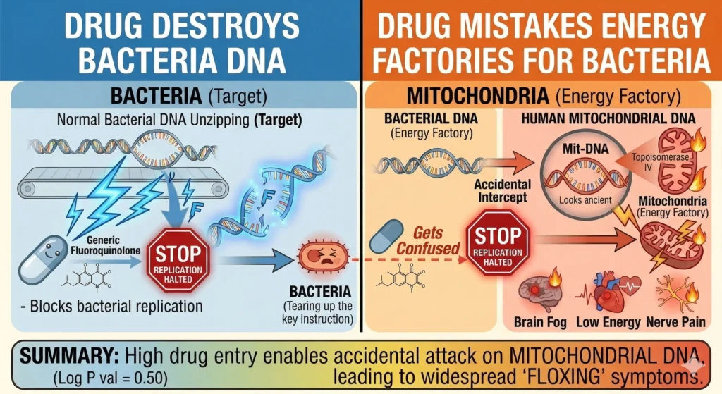 Diagram explaining how fluoroquinolone antibiotics target bacterial DNA replication but accidentally intercept and damage human mitochondrial DNA, causing floxing symptoms.