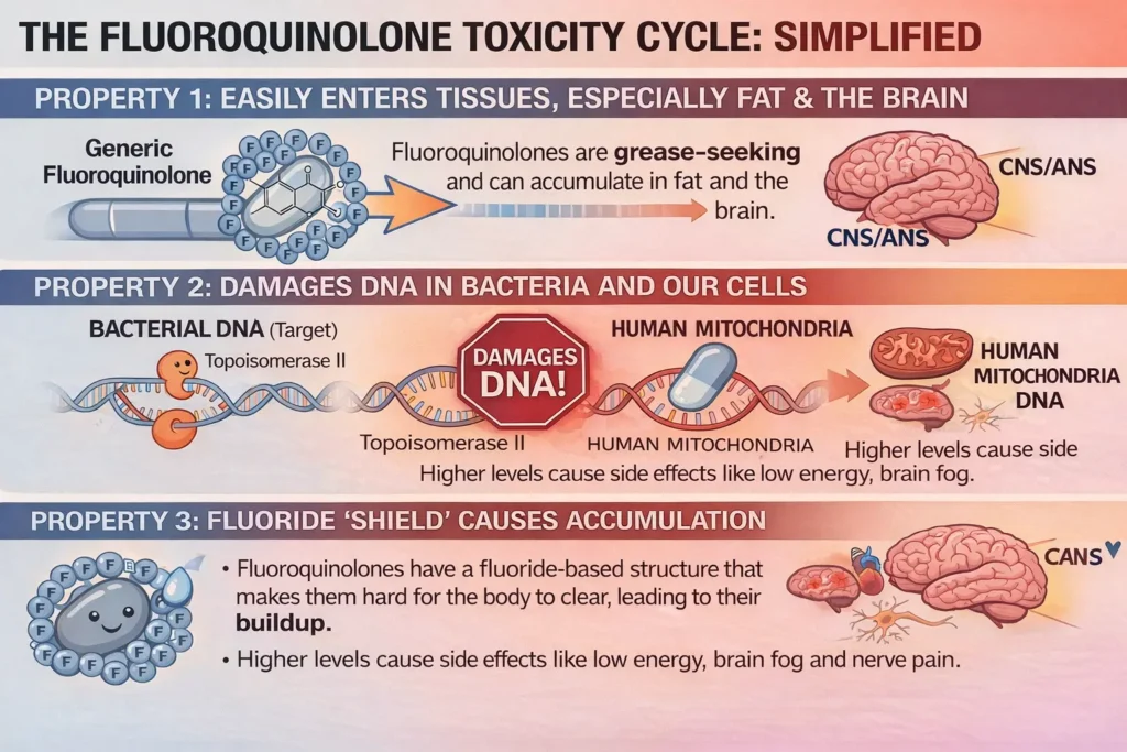 Simplified diagram showing the fluoroquinolone toxicity cycle with three properties: easy tissue entry (fat and brain), DNA damage to bacteria and human mitochondria, and fluoride shield causing drug accumulation.