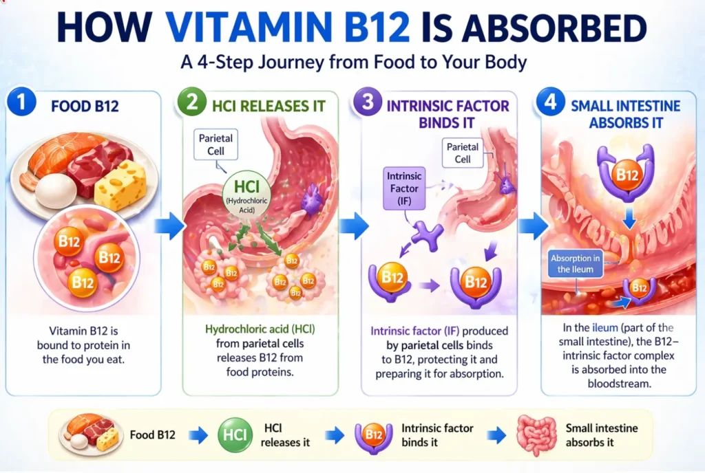 Four-step diagram showing vitamin B12 absorption: food B12 is released by HCl, bound by intrinsic factor, and absorbed in the small intestine.