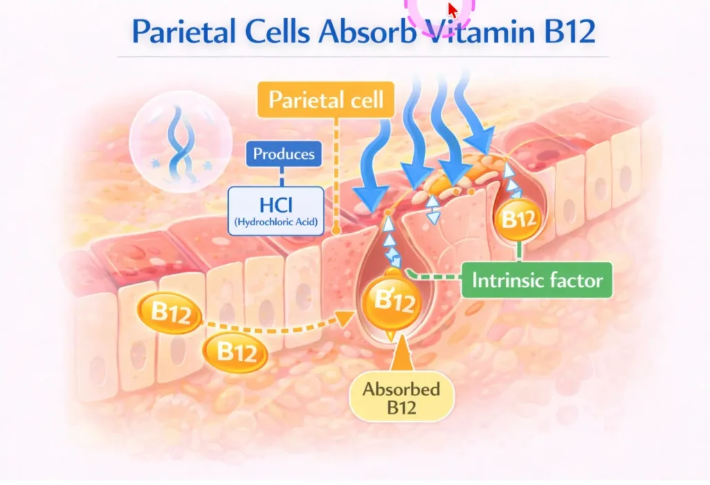 Diagram showing parietal cells producing hydrochloric acid and intrinsic factor, which are essential for vitamin B12 absorption in the stomach.