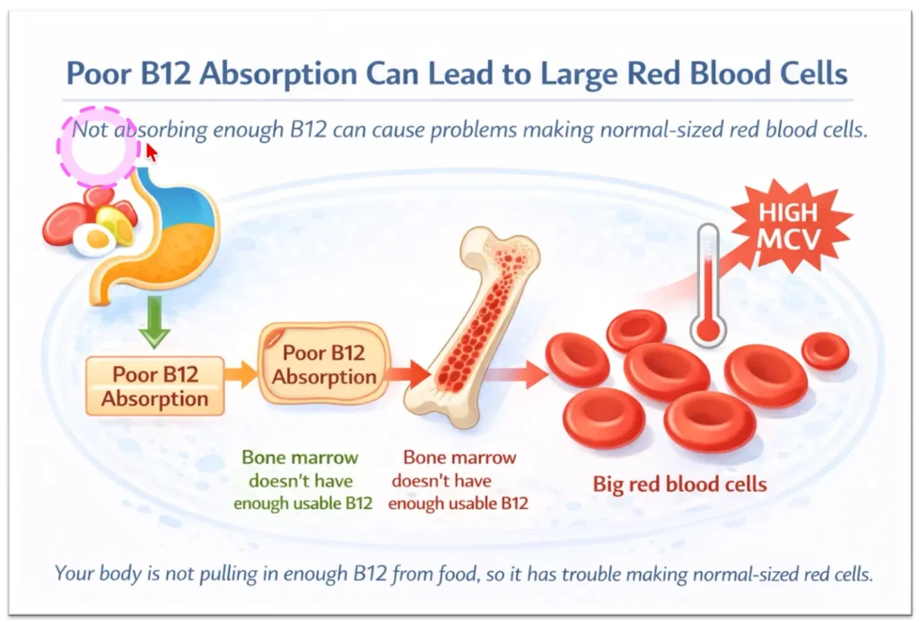 Diagram showing how poor vitamin B12 absorption leads to bone marrow producing abnormally large red blood cells, resulting in high MCV levels.