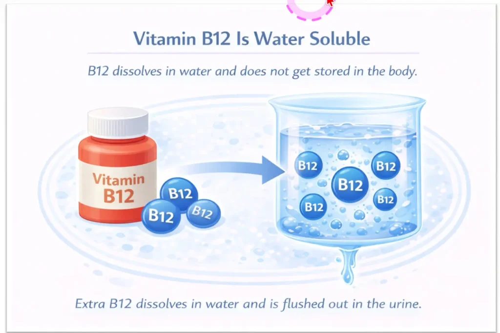 Educational graphic showing vitamin B12 dissolving in water with excess being flushed out through urine since the body does not store it.