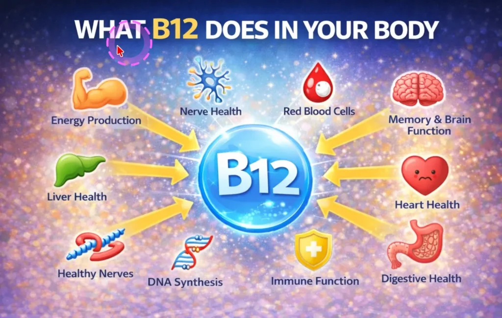 Infographic showing the essential functions of vitamin B12 including nerve health, red blood cell production, energy, memory, heart health, DNA synthesis, liver health, and immune function.
