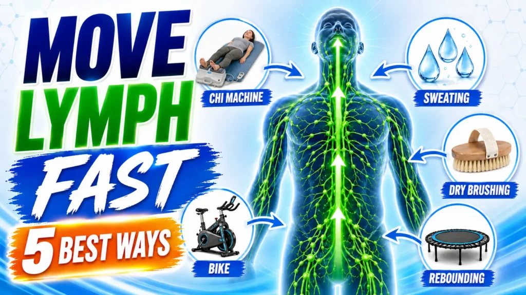 Visual guide showing 5 effective ways to improve lymphatic drainage including chi machine, sweating, dry brushing, biking, and rebounding.