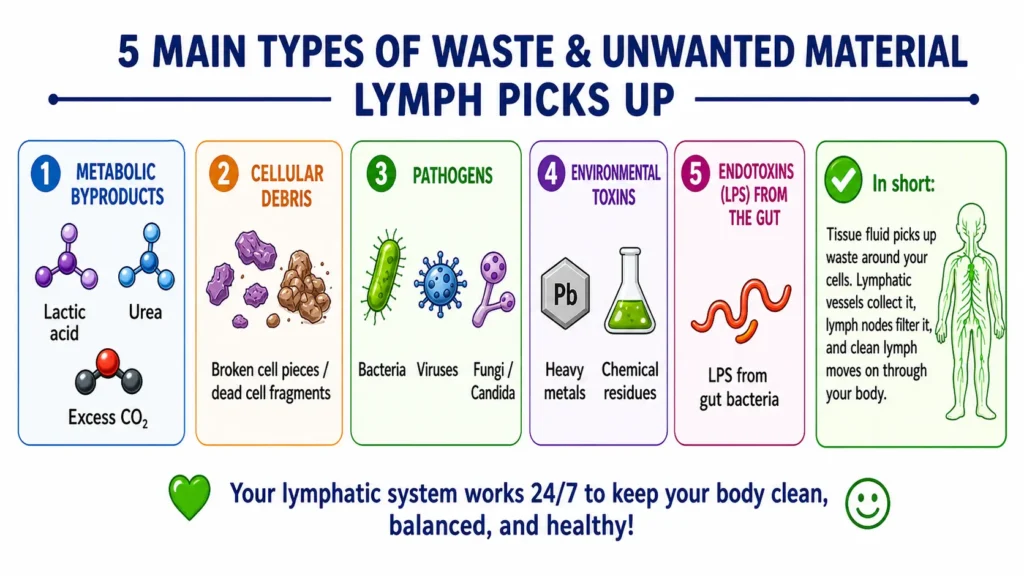Infographic showing five main types of waste the lymphatic system removes, including metabolic waste, pathogens, toxins, and gut endotoxins.
