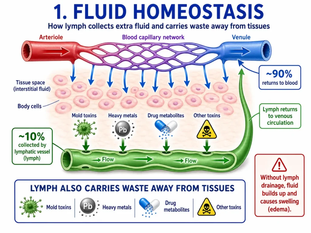 Diagram showing how 90% of fluid returns to blood while 10% is collected by lymphatic vessels, carrying mold toxins, heavy metals, drug metabolites, and other waste away from tissues.