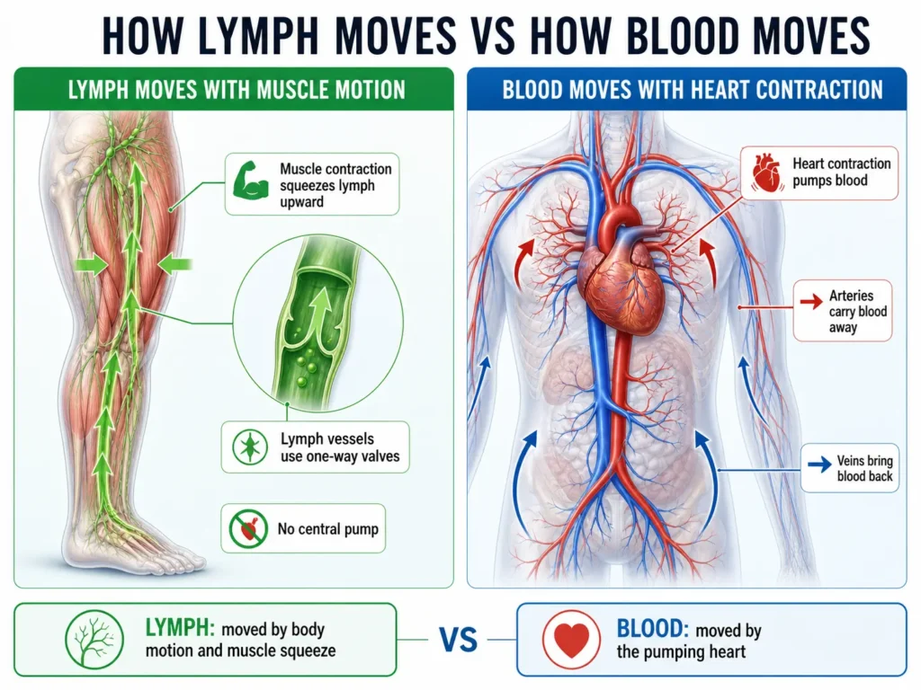 Comparison diagram showing lymph moves through muscle contraction squeezing vessels with one-way valves (no central pump) versus blood moved by heart contraction through arteries and veins.