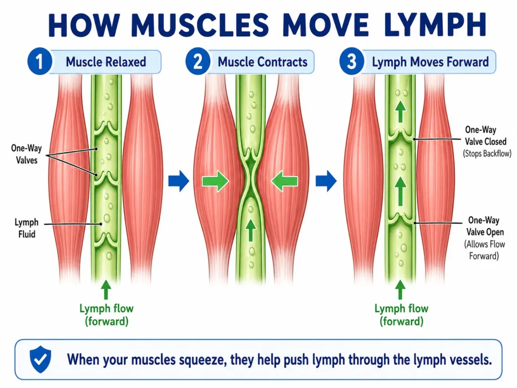 Step-by-step diagram showing relaxed muscle allowing lymph into vessels, contracted muscle squeezing lymph forward, and one-way valves preventing backflow.