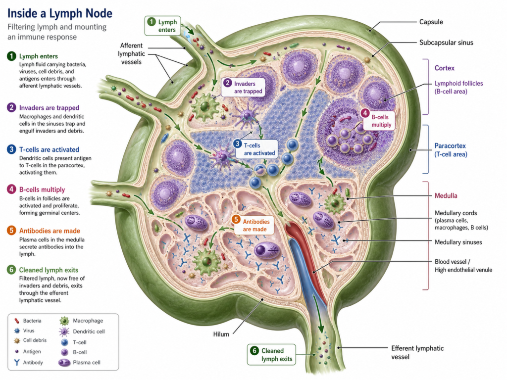 Detailed cross-section diagram of a lymph node showing lymph entering through afferent vessels, macrophages trapping invaders, T-cell and B-cell activation, antibody production, and cleaned lymph exiting through efferent vessels.