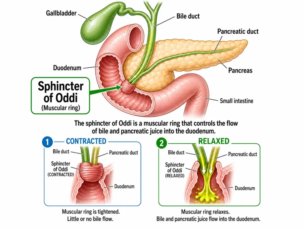Diagram showing the sphincter of Oddi in contracted state blocking bile and pancreatic juice flow, versus relaxed state allowing flow into the duodenum.
