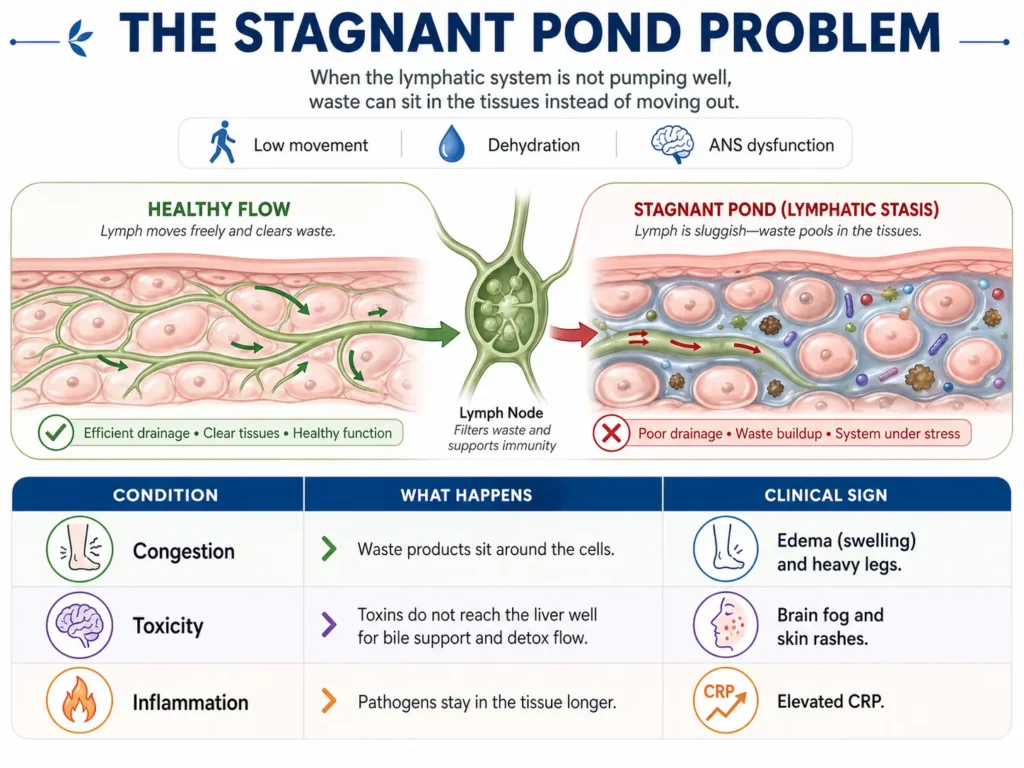 Comparison diagram showing healthy lymph flow with efficient drainage versus stagnant pond lymphatic stasis where waste pools in tissues, leading to edema, brain fog, skin rashes, and elevated CRP.