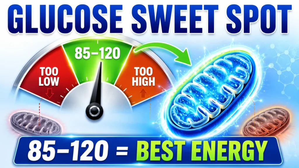 Glucose sweet spot infographic showing 85–120 mg/dL as the ideal blood sugar range on a gauge, linking stable glucose to peak mitochondria energy output.