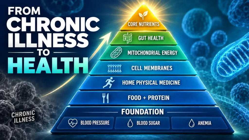 Seven-layer functional medicine framework for chronic illness showing blood pressure, blood sugar, anemia, food and protein, home physical medicine, cell membranes, mitochondrial energy, gut health, and core nutrients.