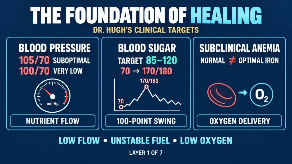 Infographic showing Dr. Hugh's 3 clinical targets: blood pressure 100/70, blood sugar 85-120, and subclinical anemia iron for oxygen delivery.